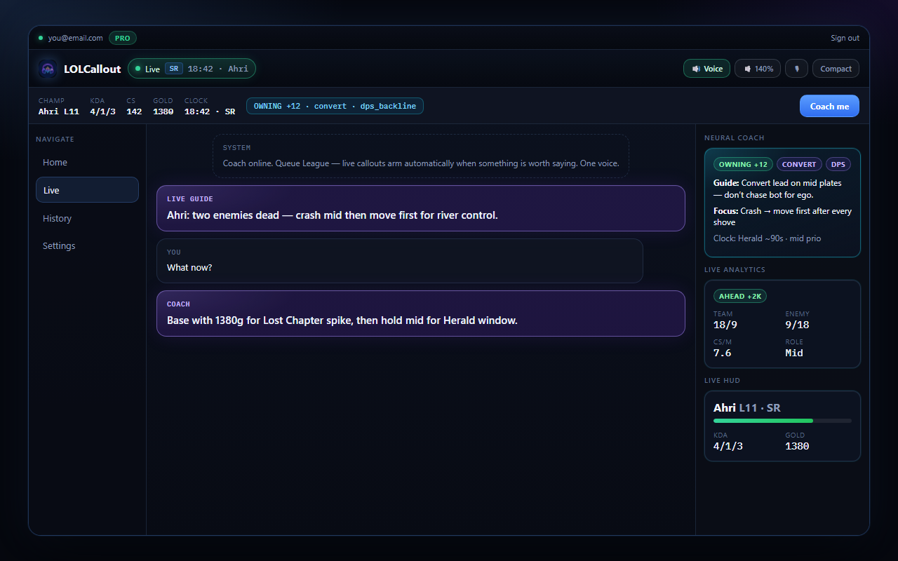 LOLCallout live coach UI — neural coach HUD, voice callouts, and match analytics on Windows