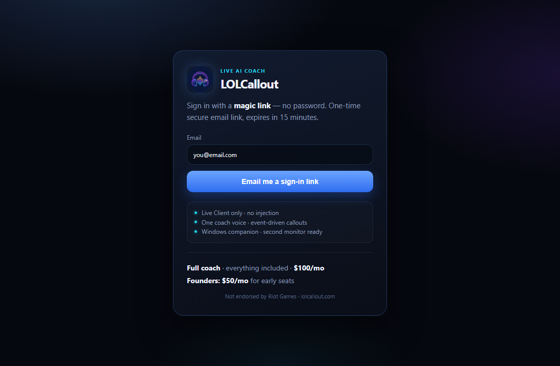 LOLCallout secure magic-link sign-in screen